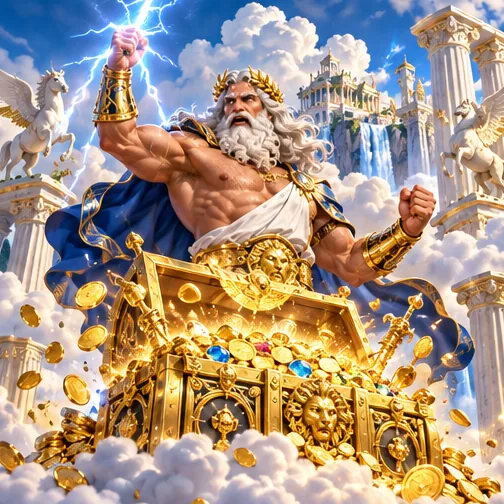 Zeus beside an overflowing treasure chest