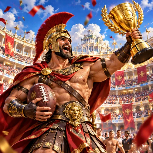 A Spartan warrior holding a trophy